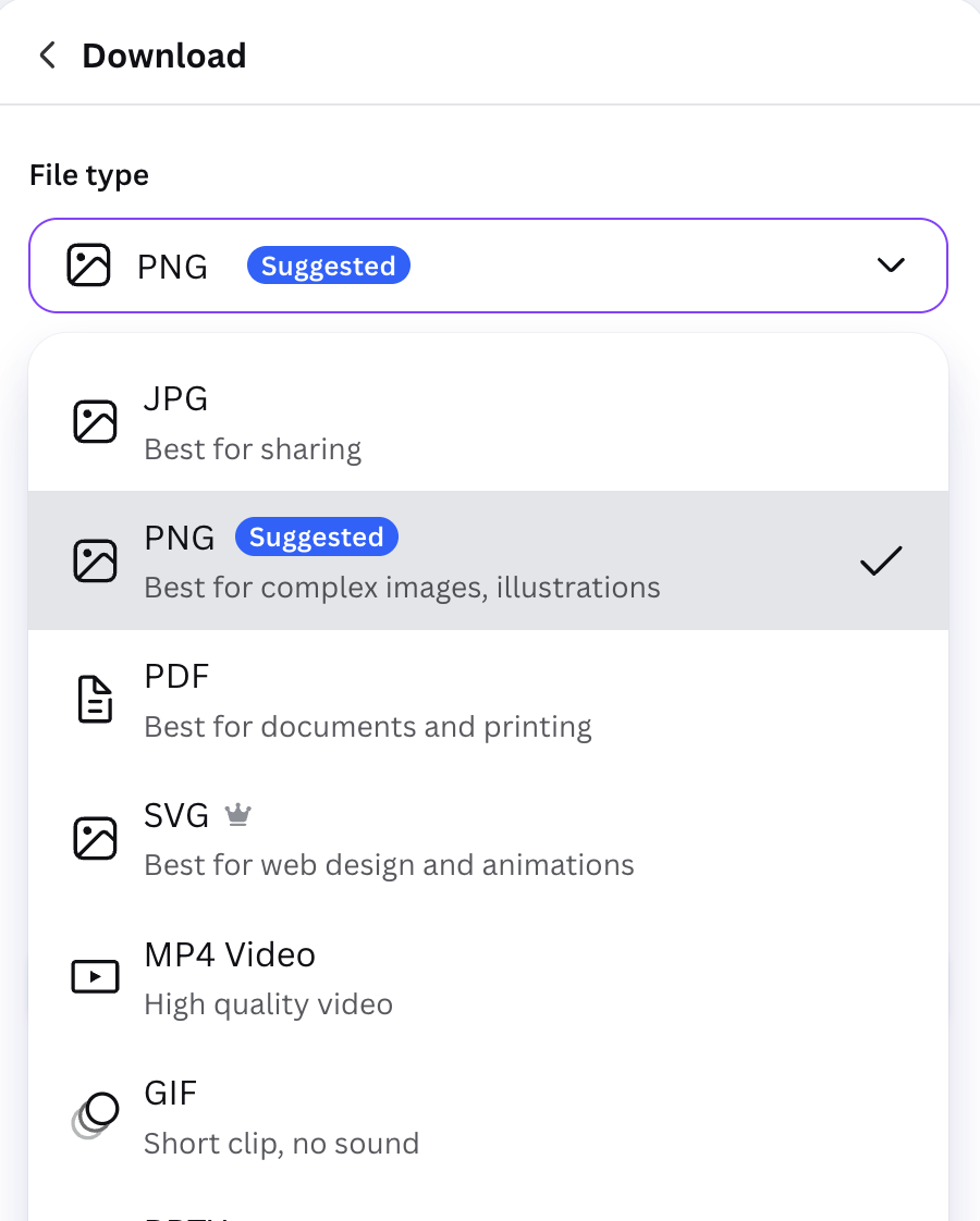 Canva download menu showing PNG
