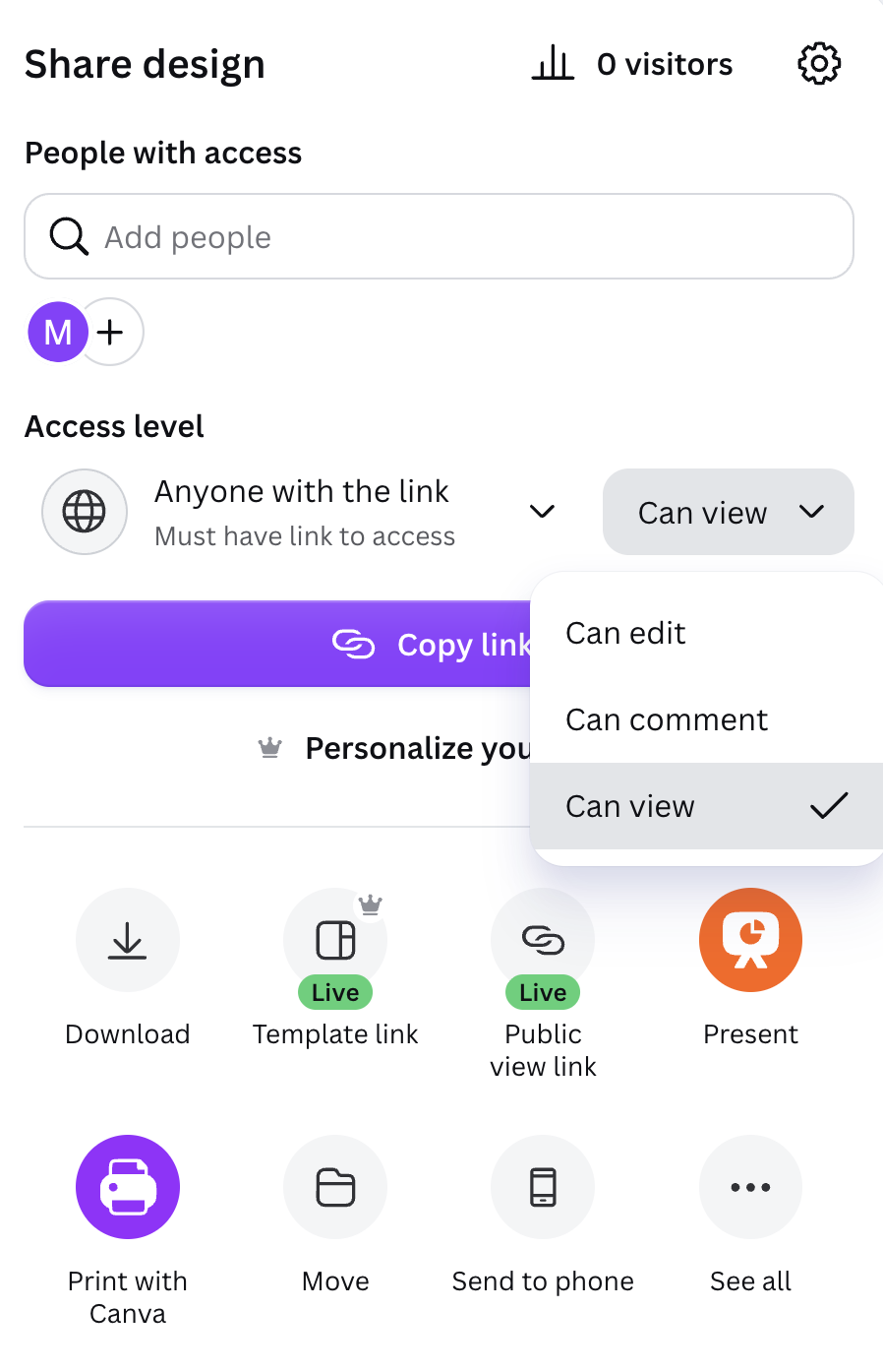Canva share design menu set to Can view